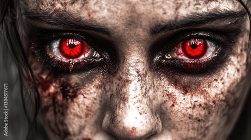 A haunting portrait revealing a person with blood-red eyes and distressed features, capturing the essence of horror and raw emotion through its intense presentation.