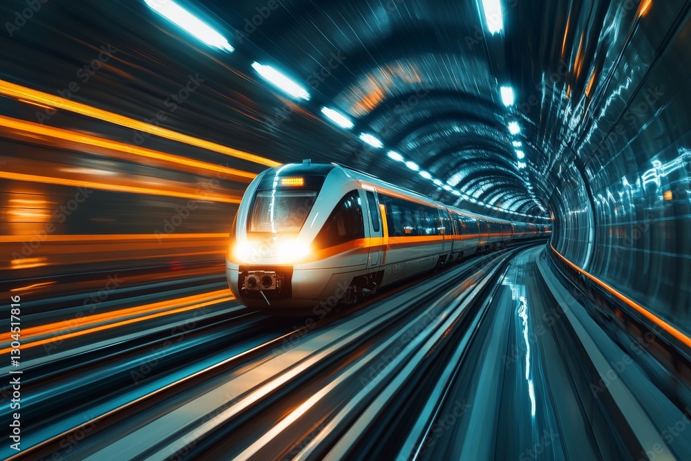 Fototapeta premium High-speed train traveling through illuminated underground tunnel during night