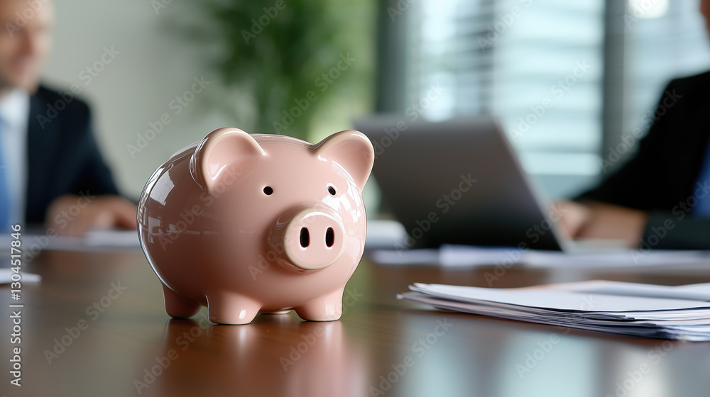 Piggy Bank on Office Table with Business Professionals Discussion in the Background on Financial Planning and Savings Strategies Piggy Bank on Office Table with Business Professionals Discussion in the Background on Financial Planning and Savings Strategies