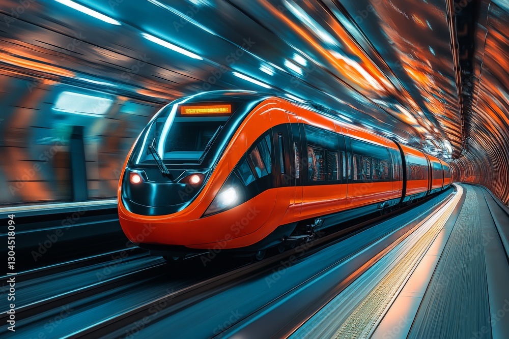 Rapid train travels through a modern underground tunnel illuminated with dynamic lights and vibrant colors Rapid train travels through a modern underground tunnel illuminated with dynamic lights and vibrant colors