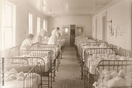 Sepia-toned photo of a long ward in a historical hospital with numerous infant cribs and nurses attending to babies.