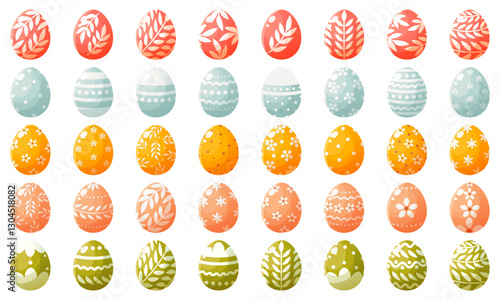 A large set of painted Easter eggs of different colors on a white background. Decorated Easter eggs, with floral and geometric ornaments. Easter egg hunt, an attribute of the holiday.