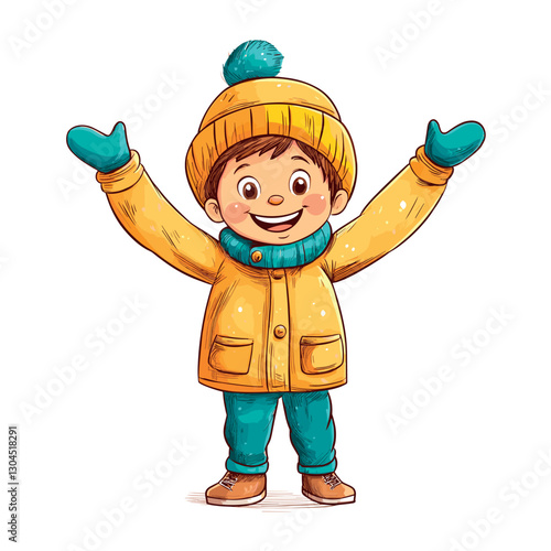 happy little boy with raised arms in winter clothes isolated vector illustration