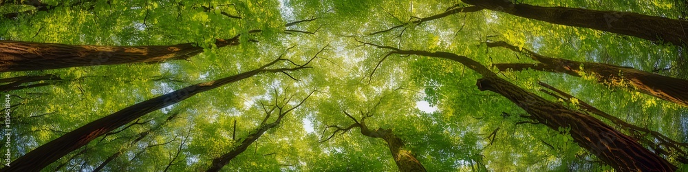 Forest canopy view, sunlight dappled leaves, nature background, design use Forest canopy view, sunlight dappled leaves, nature background, design use