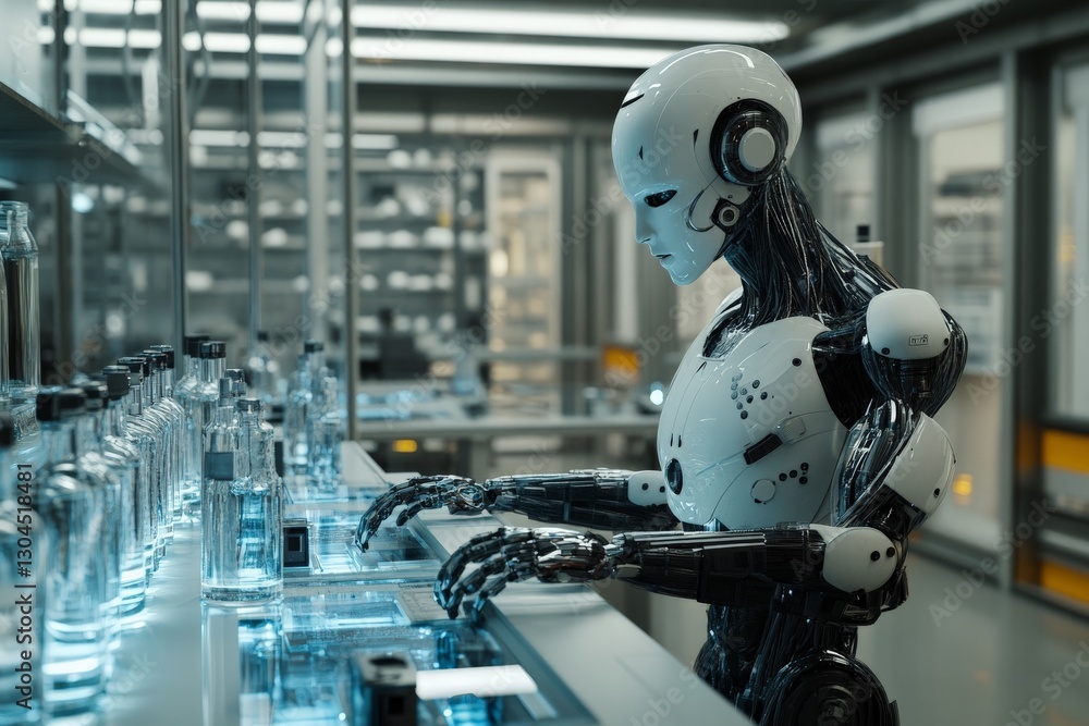 Futuristic robot carefully analyzes and processes samples in a high-tech laboratory during a research project Futuristic robot carefully analyzes and processes samples in a high-tech laboratory during a research project