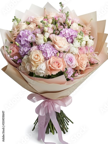 Bouquet of pastel flowers in hand on white background