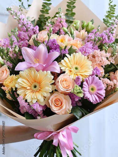 Bouquet of pastel flowers in hand on white background
