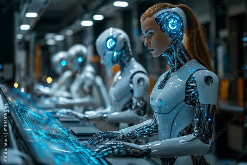 Advanced robots working on high-tech consoles in a futuristic laboratory at night Advanced robots working on high-tech consoles in a futuristic laboratory at night
