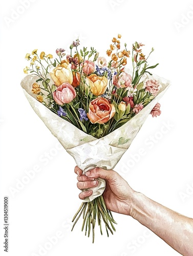 Bouquet of pastel flowers in hand on white background