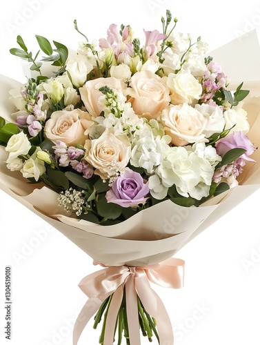 Bouquet of pastel flowers in hand on white background