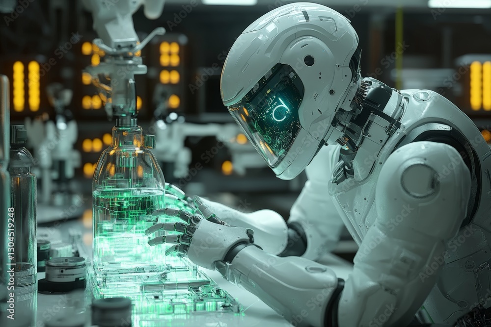 Advanced robot conducting experiments in a futuristic laboratory during a high-tech research session Advanced robot conducting experiments in a futuristic laboratory during a high-tech research session