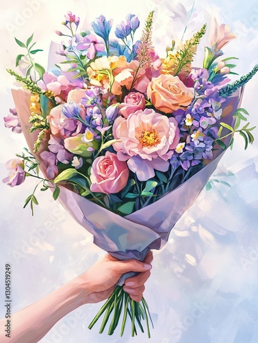 Bouquet of pastel flowers in hand on white background