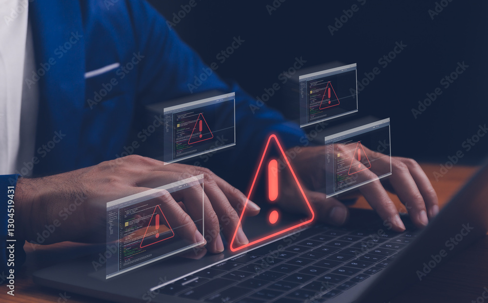 Cyber security concept. data breach man using computer with system hacked alert due to cyberattack on computer network. Triangle caution warning sign alarm for error and maintenance notification.