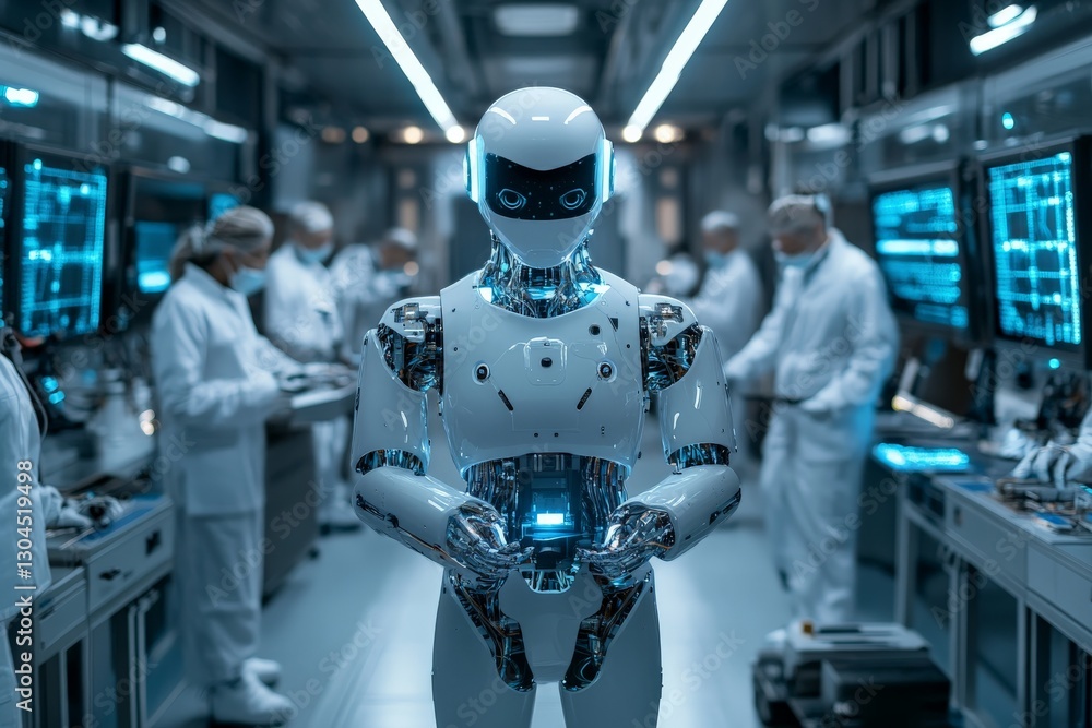 Futuristic laboratory featuring a humanoid robot and scientists conducting research on advanced technology Futuristic laboratory featuring a humanoid robot and scientists conducting research on advanced technology