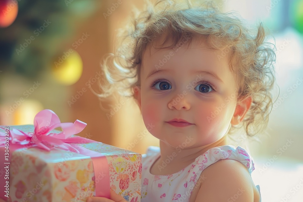 Sweet Child Holding a Wrapped Gift in a Cozy Indoor Setting