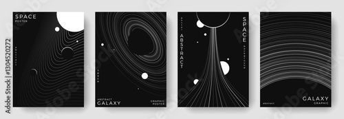 Set of abstract space astronomy backgrounds. Line art galaxy, universe, planet, black hole. Black and white science minimal concept. Cosmic modern design for cover, poster, banner, flyer, brochure