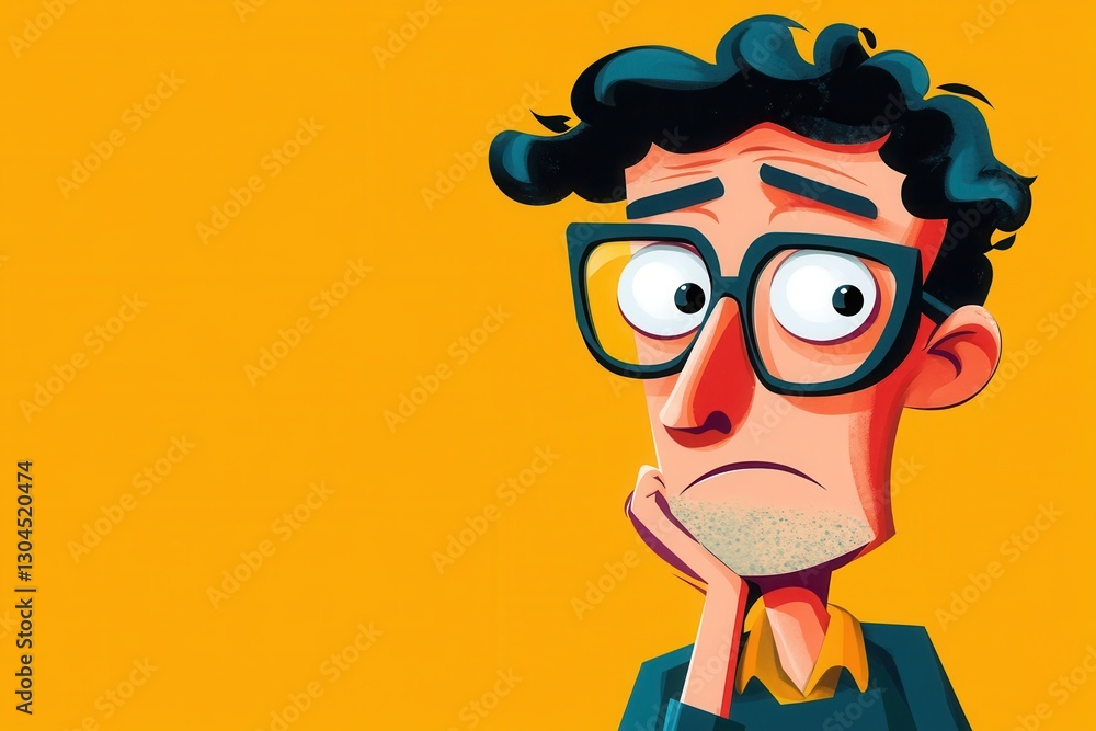 Thoughtful Cartoon Character with Concerned Expression on Yellow Background Thoughtful Cartoon Character with Concerned Expression on Yellow Background