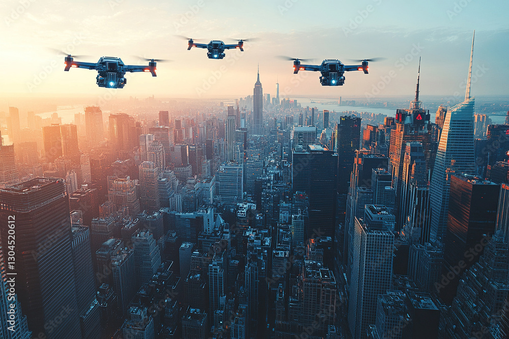 Three drones equipped with cameras fly in the sky above the metropolis. Future technologies are being used to improve public safety. Generated by artificial intelligence Three drones equipped with cameras fly in the sky above the metropolis. Future technologies are being used to improve public safety. Generated by artificial intelligence