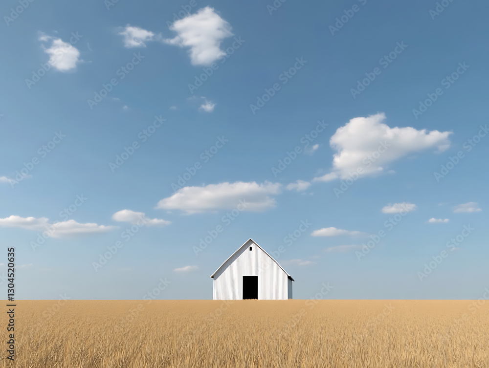 Serene Rural Scene: A quaint, minimalistic house with a simple design stands alone amidst a vast field of golden wheat under a bright blue sky filled with fluffy clouds