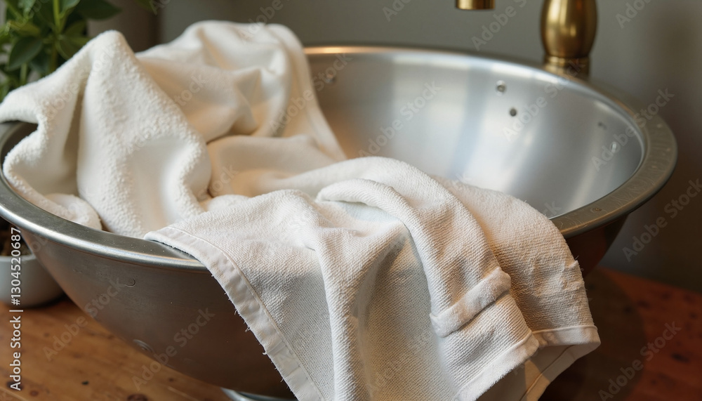 Soft linen towel draped over a traditional metal sink, gentle folds creating texture Soft linen towel draped over a traditional metal sink, gentle folds creating texture
