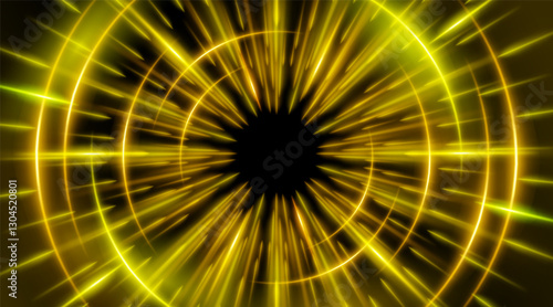 Futuristic abstract background with a radial burst of light and energy, dynamics emanating from the center. Speed. Orange, yellow light rays emit and create glowing particle effects.