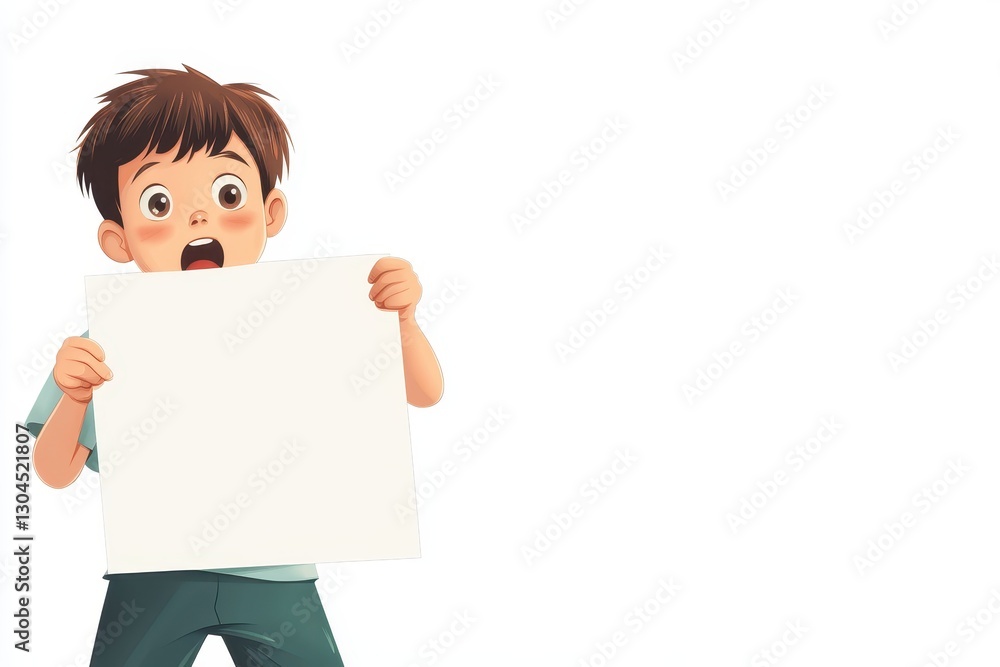 Young Boy Holding Blank Sign with Surprise Expression in Bright Background Young Boy Holding Blank Sign with Surprise Expression in Bright Background