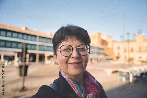 Confident senior woman wearing glasses and a scarf smiles while taking a selfie in the historic plaza mayor of almagro, spain, with traditional buildings in the background