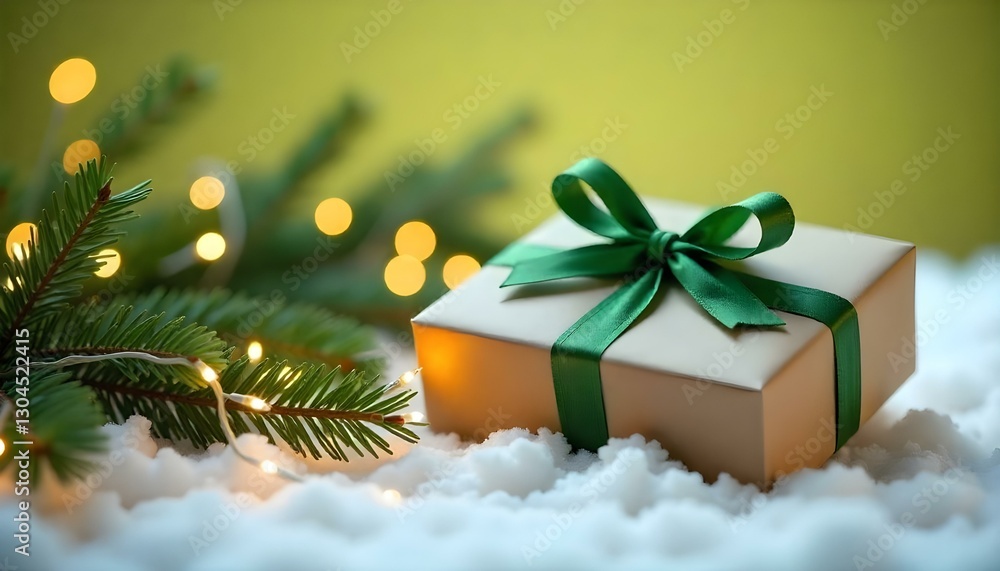 Un primer plano captura una escena festiva, con una caja de regalo envuelta adornada con una cinta verde, ubicada entre ramas de hoja perenne y luces de hadas parpadeantes sobre una superficie nevada Un primer plano captura una escena festiva, con una caja de regalo envuelta adornada con una cinta verde, ubicada entre ramas de hoja perenne y luces de hadas parpadeantes sobre una superficie nevada