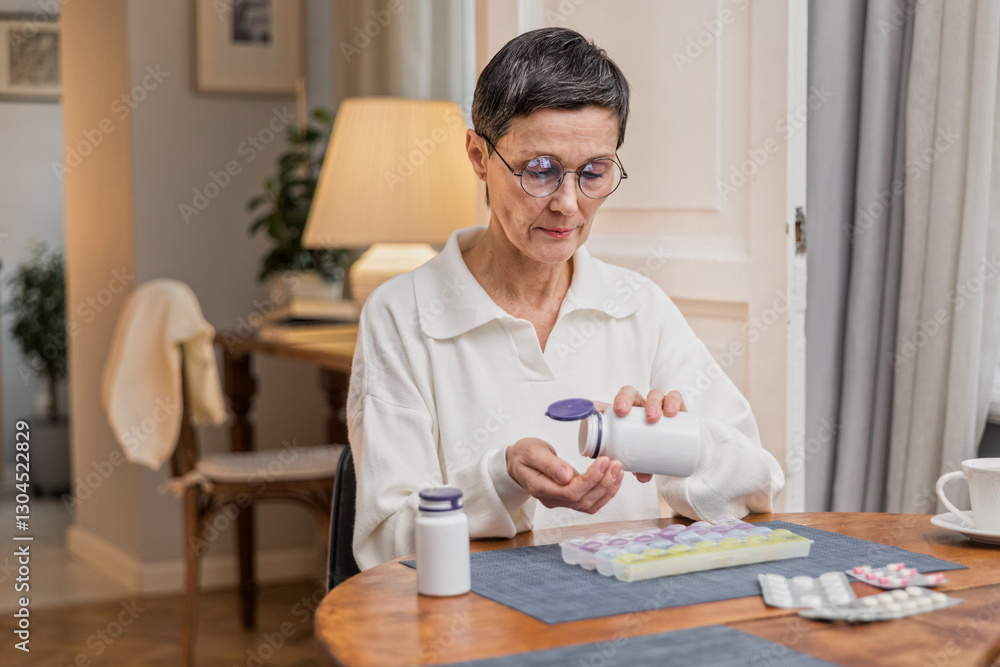 Senior elegant woman sorting pillbox at table. Aged woman putting vitamins in pills organizer. Older organized woman doing health care and therapy. Female elegant retired using medicine container Senior elegant woman sorting pillbox at table. Aged woman putting vitamins in pills organizer. Older organized woman doing health care and therapy. Female elegant retired using medicine container