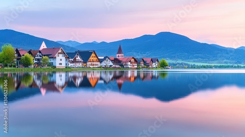 Serene Lakeside Village: A quaint village nestled on the shores of a tranquil lake, surrounded by majestic mountains under a pastel sky during sunrise, offering a scene of harmony and reflection. 