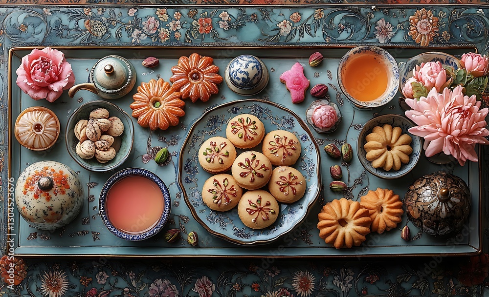 Elegant Tea Tray with Sweets Nuts and Colorful Flowers
Elegant Tea Tray with Sweets Nuts and Colorful Flowers