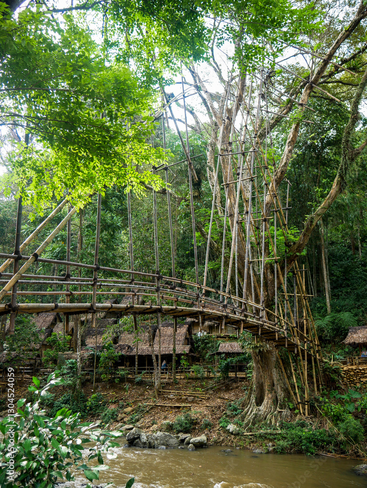 Obraz premium Bamboo bridge in Gajeboh village, Outer Baduy Tribe, Banten, Indonesia, as a connecting bridge between Baduy tribe villages. This iconic and unique bridge is one of the cultural tourism destinations