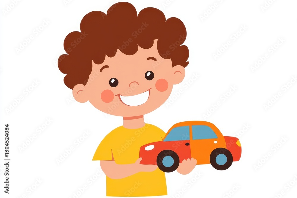 Cheerful Boy Holding Red Toy Car with Bright Smile and Short Hair Cheerful Boy Holding Red Toy Car with Bright Smile and Short Hair
