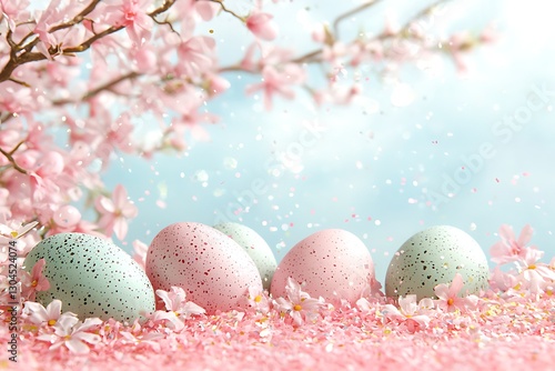 Pastel Easter eggs spring blossom scene