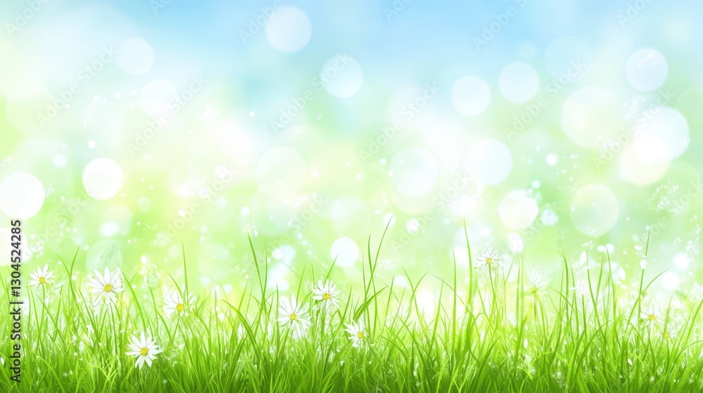 Spring Meadow Bokeh: Vibrant green grass dotted with delicate white daisies, bathed in soft, sunlit bokeh, evokes a feeling of springtime freshness and serenity. Spring Meadow Bokeh: Vibrant green grass dotted with delicate white daisies, bathed in soft, sunlit bokeh, evokes a feeling of springtime freshness and serenity.