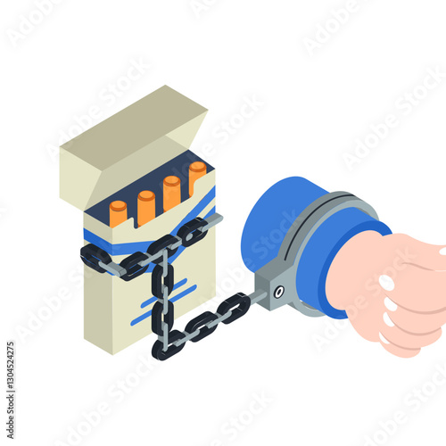Chain Smoker Signage isometric Concept, Handcuff with Cigarette box Vector color icon Design, No Tobacco day Symbol, Quit smoking Sign, Cigarette or Smoker Stock Illustration
