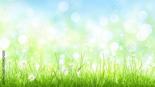Spring Meadow Bokeh: Vibrant green grass dotted with delicate white daisies, bathed in soft, sunlit bokeh, evokes a feeling of springtime freshness and serenity.