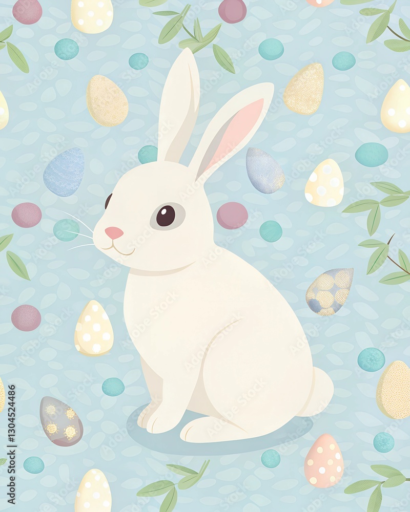 Obraz premium Charming wallpaper design featuring an Easter bunny surrounded by colorful eggs on a soft blue background background, wallpaper, opening, AI