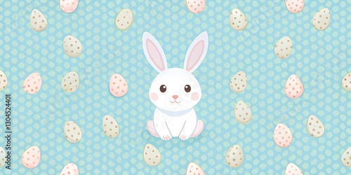 Cute easter rabbit surrounded by colorful eggs on a bright blue background for a cheerful spring celebration background, wallpaper, opening, AI
