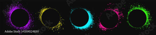 Set of neon colored circle spray stencils isolated on black background. Urban street graffiti style. Airbrush paint splatter borders, grunge street art frames with splash effect and drops. Vector