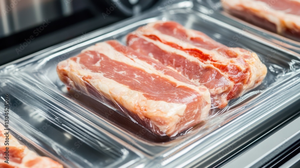 Automated plastic sealing machine packaging fresh meats securely. Automated plastic sealing machine packaging fresh meats securely.