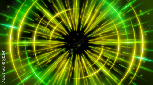 Futuristic abstract background with a radial burst of light and energy, dynamics emanating from the center. Speed. Blue, purple and pink light rays emit and create glowing particle effects.
