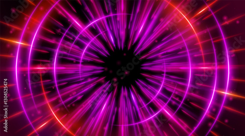 Futuristic abstract background with a radial burst of light and energy, dynamics emanating from the center. Speed. Red, purple and pink light rays emit and create glowing particle effects.