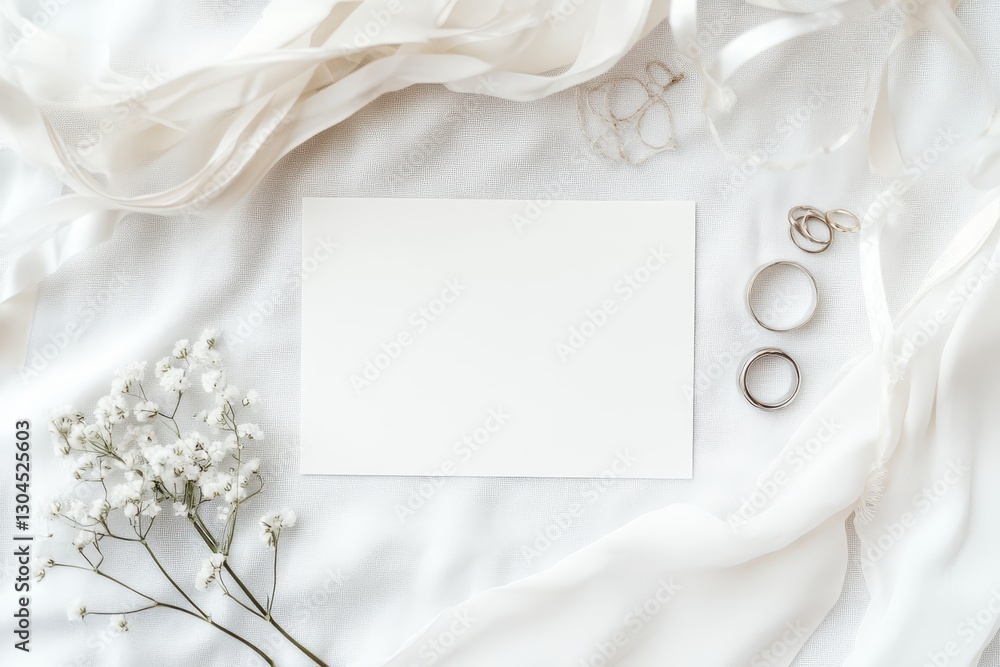 A template for creating wedding invitation cards, displaying from the top a blank paper card, a ribbon, golden rings, and flowers against a white background A template for creating wedding invitation cards, displaying from the top a blank paper card, a ribbon, golden rings, and flowers against a white background