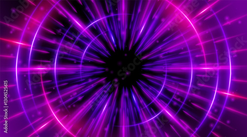 Futuristic abstract background with a radial burst of light and energy, dynamics emanating from the center. Speed. Blue, purple and pink light rays emit and create glowing particle effects.