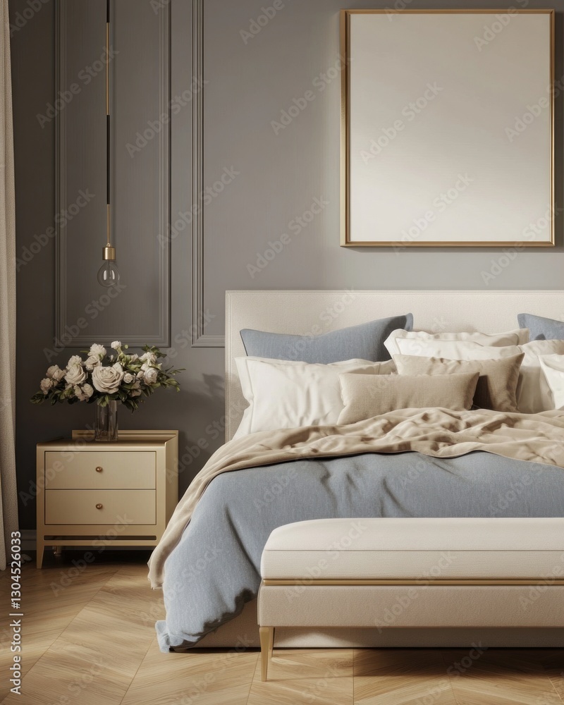 Serene bedroom with blue bedding, beige throw, and wooden floor. Serene bedroom with blue bedding, beige throw, and wooden floor.