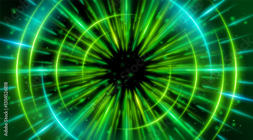 Futuristic abstract background with a radial burst of light and energy, dynamics emanating from the center. Speed. Blue, Green light rays emit and create glowing particle effects.
