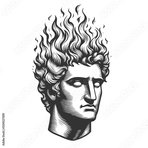 classical statue head featuring stylized flaming hair and blank eyes for a surreal effect sketch engraving generative ai vector illustration. Scratch board imitation. Black and white image.