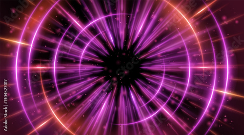 Futuristic abstract background with a radial burst of light and energy, dynamics emanating from the center. Speed. Red, purple and pink light rays emit and create glowing particle effects.