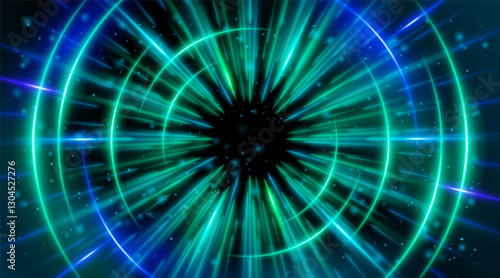 Futuristic abstract background with a radial burst of light and energy, dynamics emanating from the center. Speed. Blue, green light rays emit and create glowing particle effects.